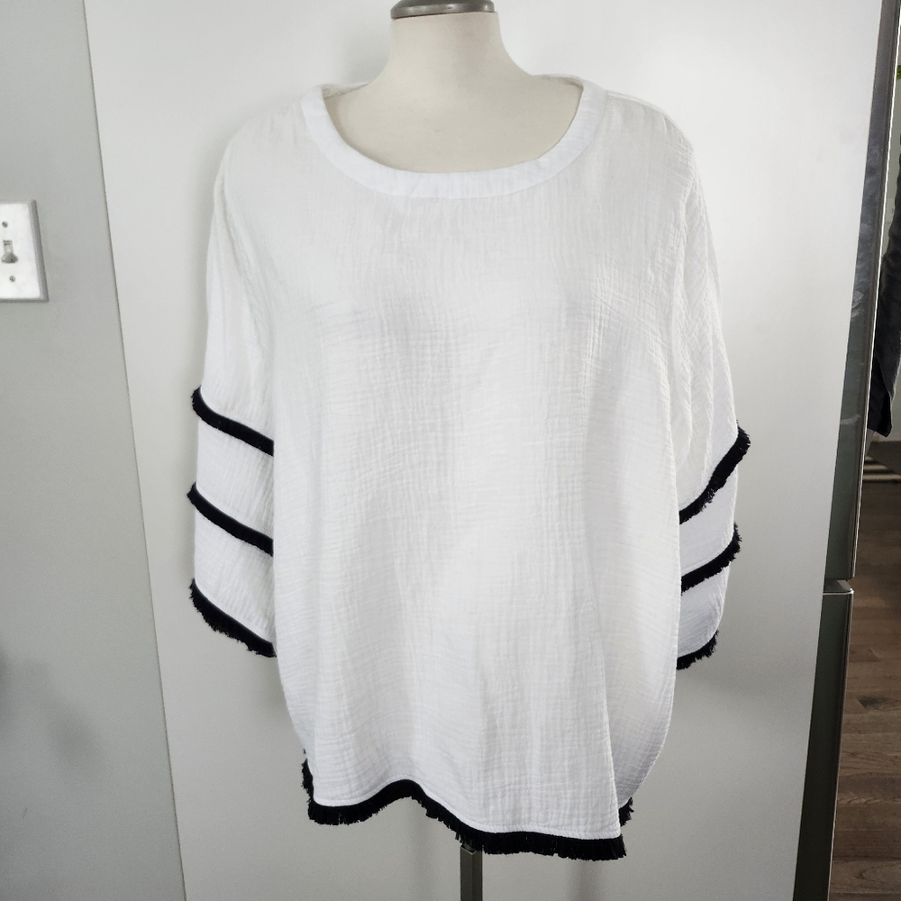 JOIE Women's Lightweight Cotton White Top Black Fringe Sleeves 1X Plus Size